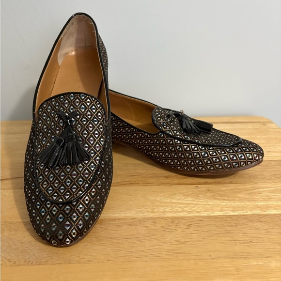 J. Crew Shoes - J. Crew Jacquard Tassel Loafers Black Gold Geometric Pattern Size 9 Old Money